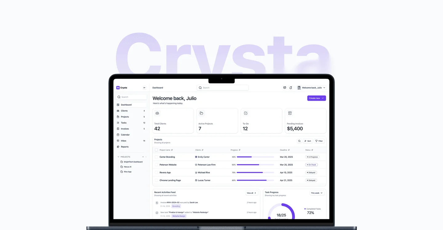 Crysta project management dashboard on a laptop