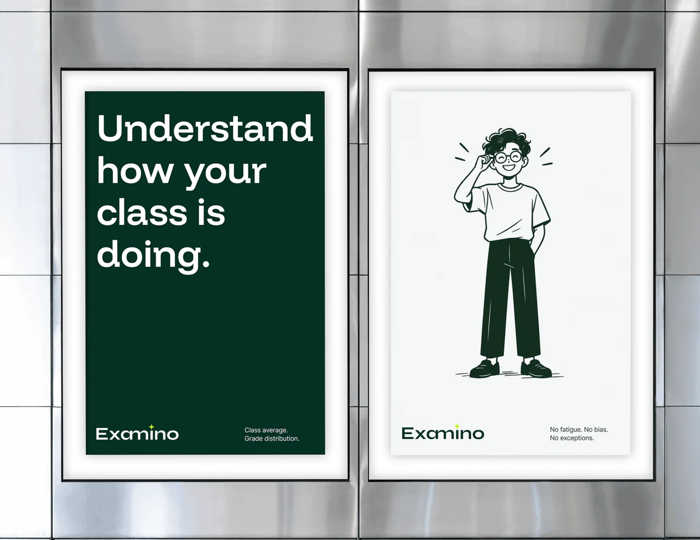 Examino teacher campaign posters on a tiled wall